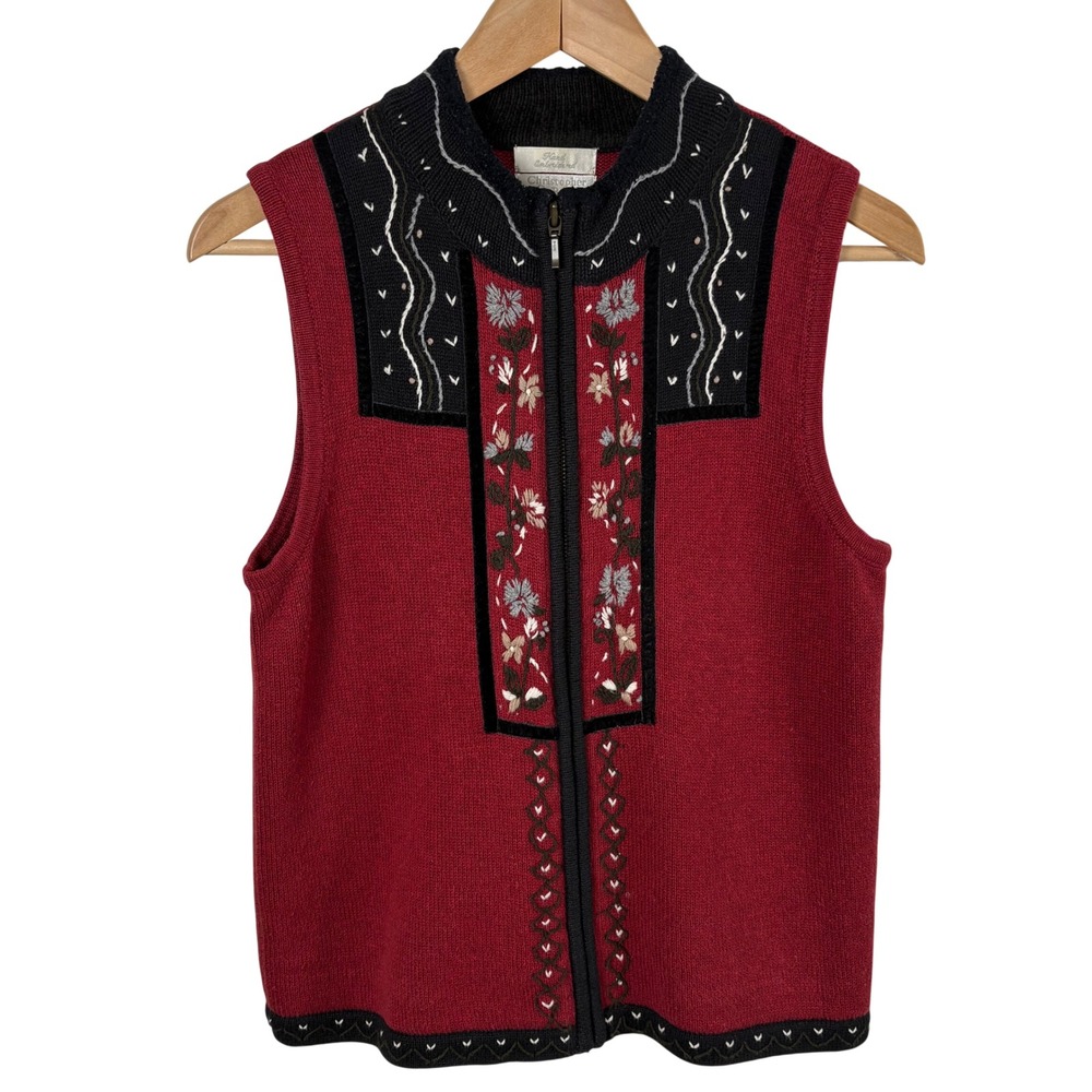 Christopher & Banks Red Embroidered Vest Women's S Full-Zip Nordic Cottagecore‎